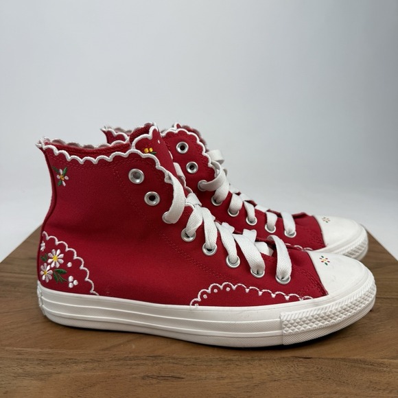 Converse Shoes - NIB Womens Converse CTAS Hi Red Embroidered Floral Scalloped Sneakers Size 9.5 M